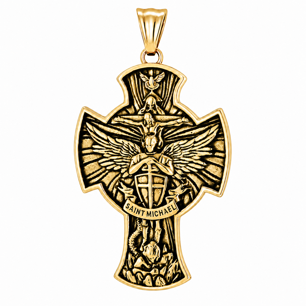 Jesus Crucifix Saint Michael Dove Pendant – Gold-Tone Stainless Steel