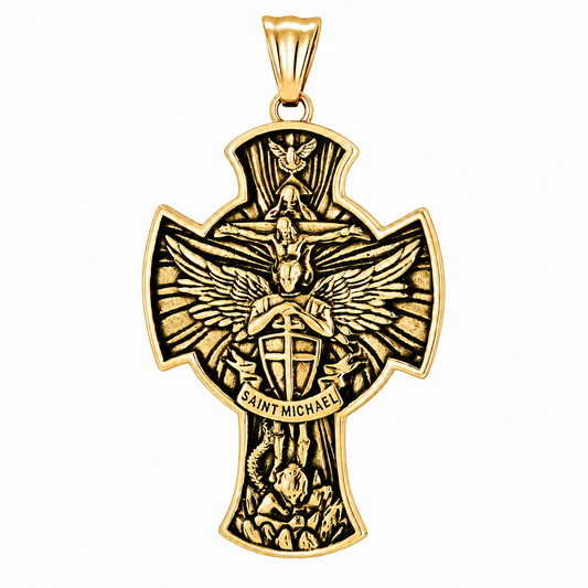 Jesus Crucifix Saint Michael Dove Pendant – Gold-Tone Stainless Steel