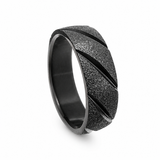 Black PVD Stainless Steel Slash Sparkle Texture Wedding Band Ring