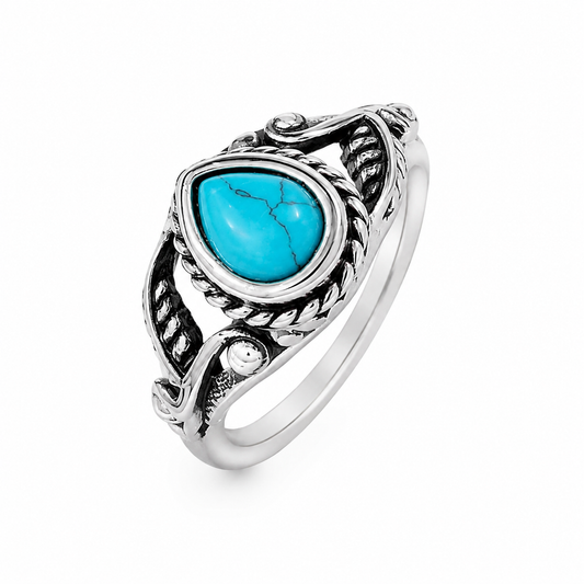 Stainless Steel Simulated Turquoise Leaf Teardrop Filigree Ring