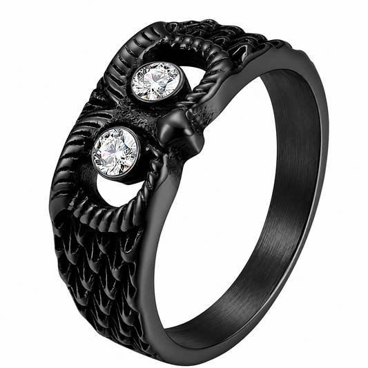 Black PVD Stainless Steel Owl Head Clear CZ Eyes Wise Animal Ring