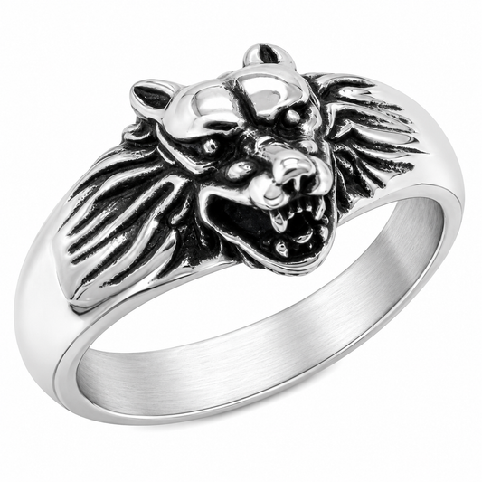 Stainless Steel Wolf Head Animal Dog Ring