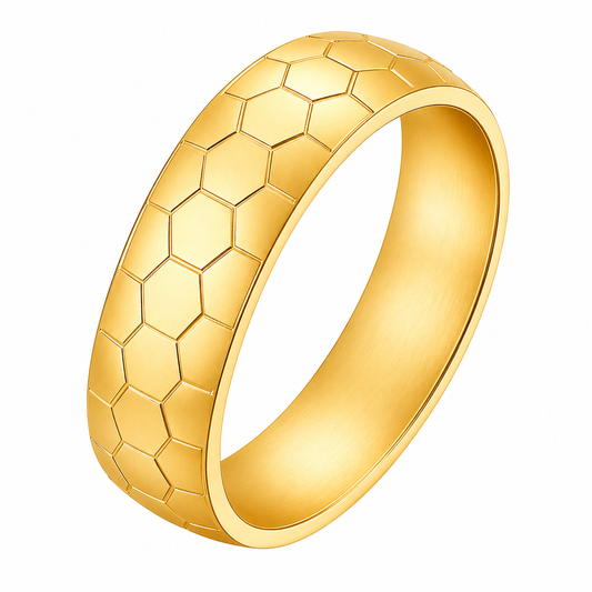 18k Gold PVD Stainless Steel Hexagon Soccer Ball Band Ring
