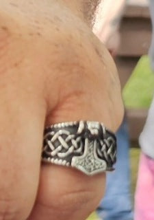 Customer wearing Stainless Steel Celtic Knot Triquetra Viking Hammer Mjolnir Norse Ring at a My Ring Guru show