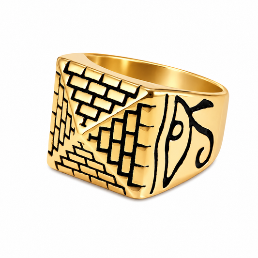 18k Gold PVD Stainless Steel Eye of Horus Egyptian Pyramid Ring