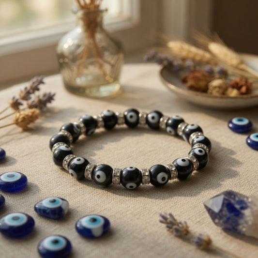 8mm Evil Eye, Black Stretch Bracelet