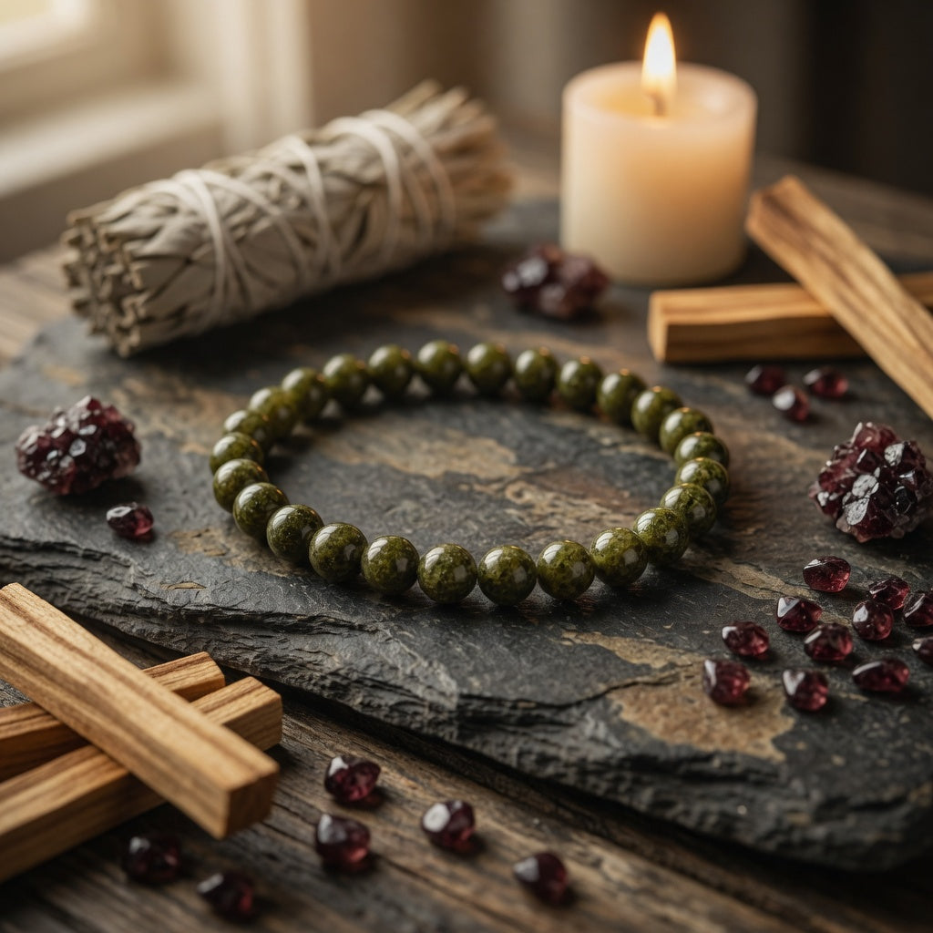 5-6mm Garnet, Green Stretch Bracelet