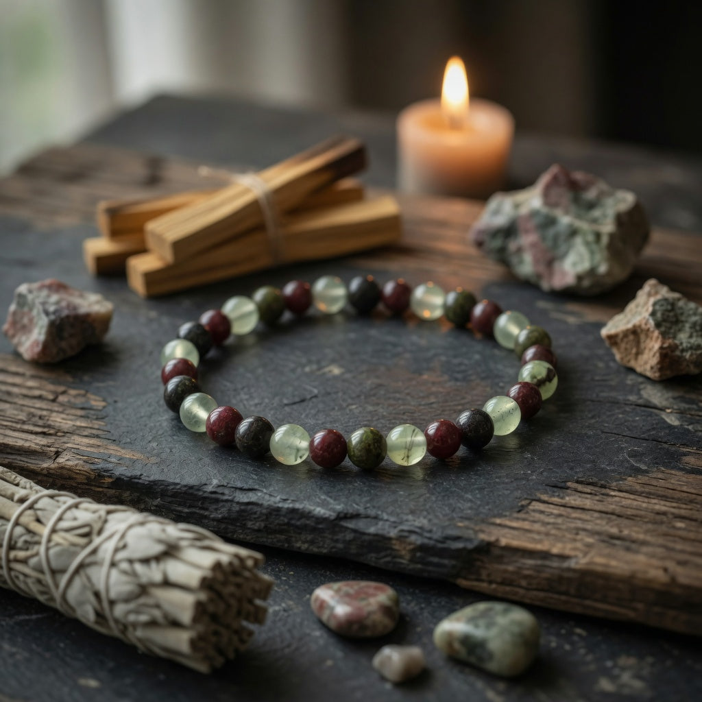 6mm Jasper, Dragon Blood, Garnet & Prehnite Stretch Bracelet