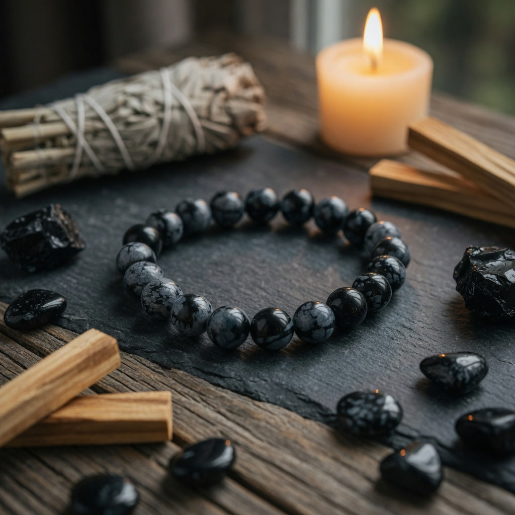 8mm Obsidian, Snowflake Stretch Bracelet