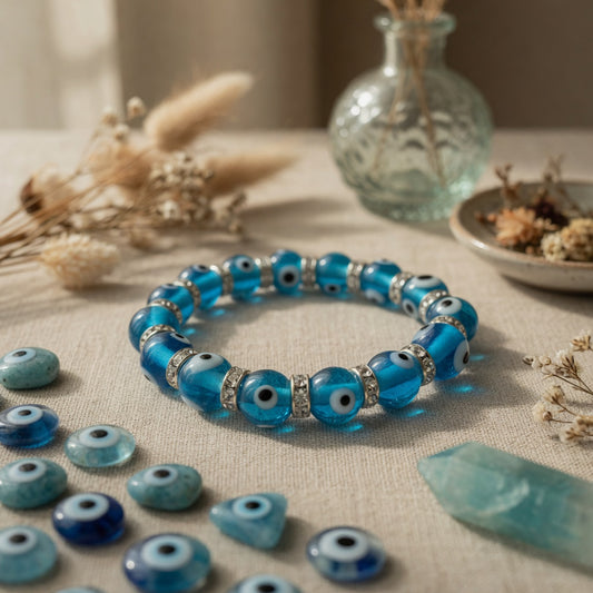 8mm Evil Eye in Aqua Stretch Bracelet
