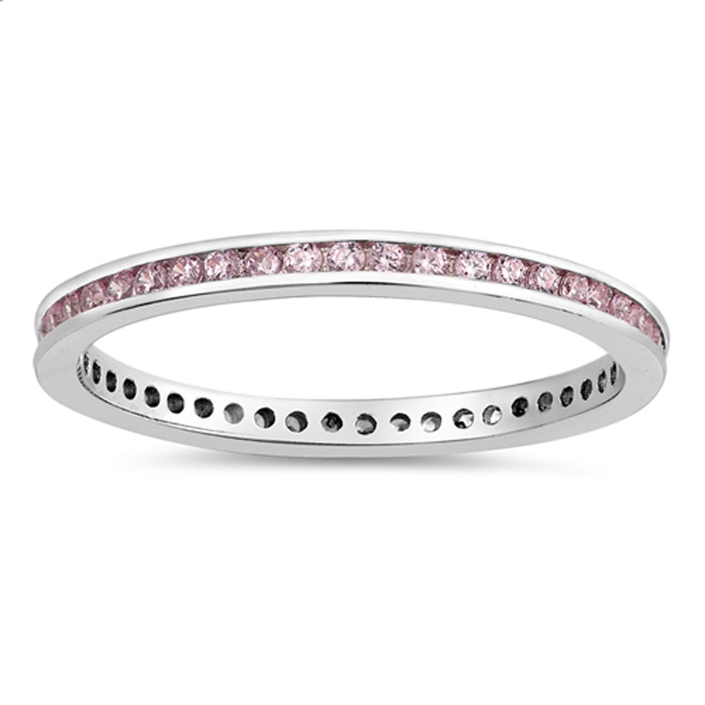 Pink CZ Round Eternity Stackable Ring New .925 Sterling Silver Band Sizes 2-10