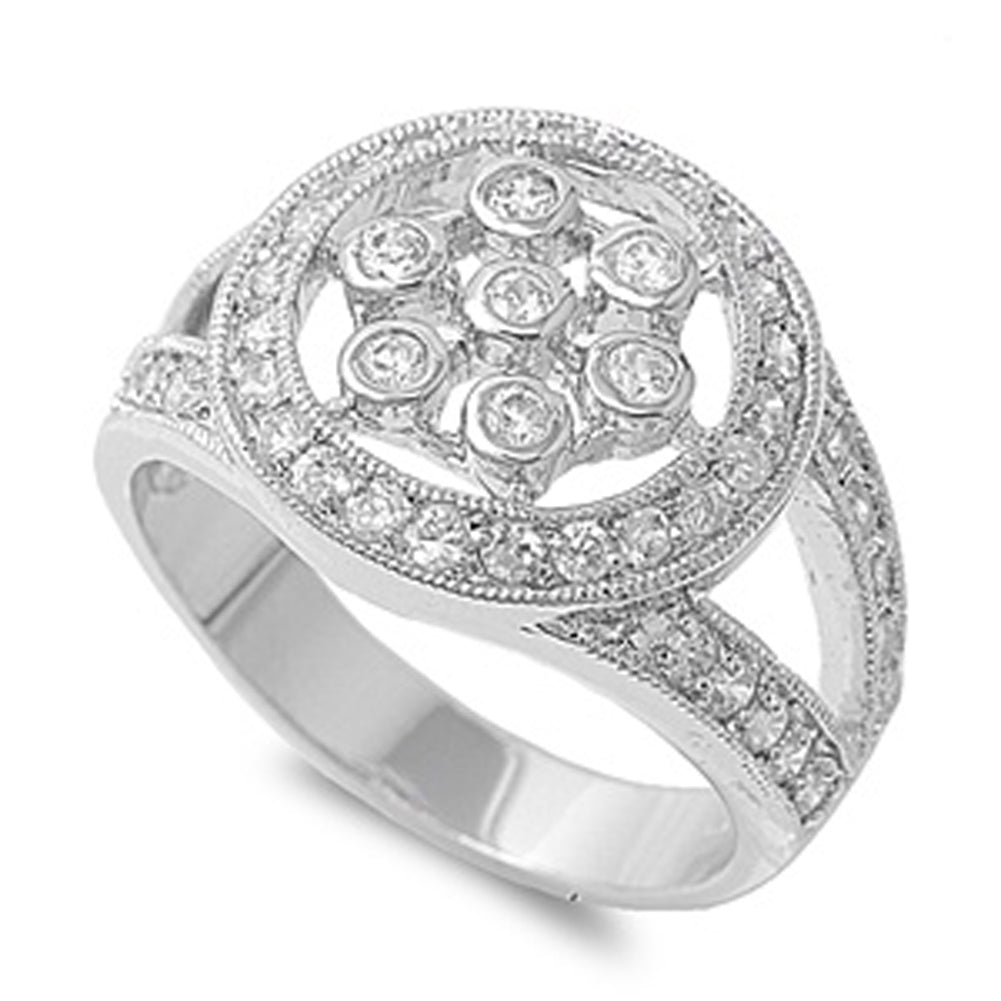 Clear CZ Flower Round Bezel Halo Ring New .925 Sterling Silver Band Sizes 5-10