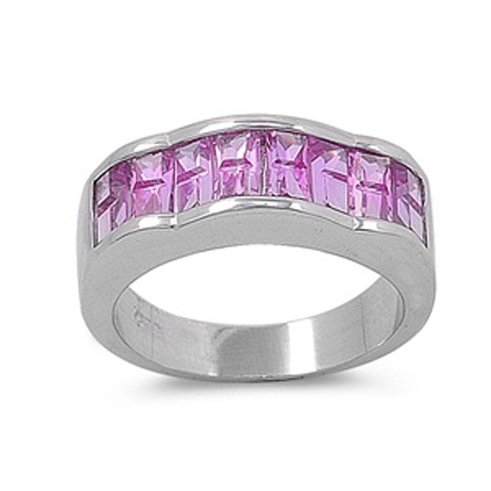 Pink CZ Wave Ripple Wide Stackable Ring New .925 Sterling Silver Band Sizes 6-9