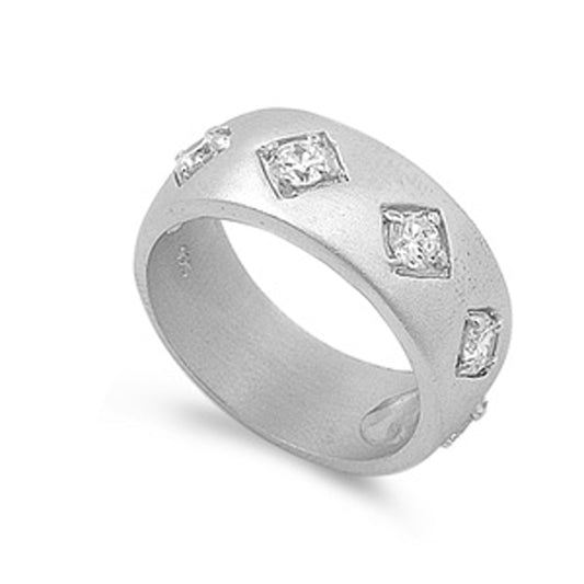 Round Clear CZ Square Satin Finish Ring New .925 Sterling Silver Band Sizes 4-7