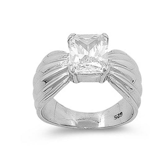 Rectangle White CZ Solitaire Polished Ring .925 Sterling Silver Band Sizes 7-10