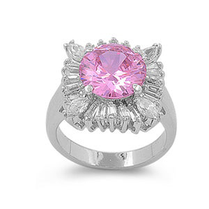 Round Pink CZ Solitaire Flower Ring New .925 Sterling Silver Band Sizes 6-10