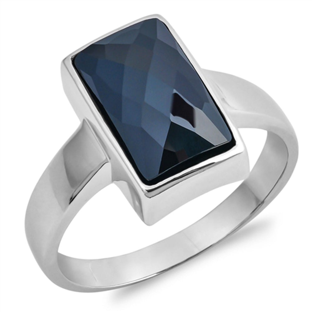 Black CZ Bezel Rectangle Solitaire Ring New .925 Sterling Silver Band Sizes 5-10