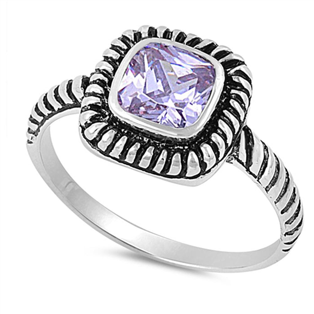 Lavender CZ Antiqued Chain Coil Halo Ring .925 Sterling Silver Band Sizes 4-10