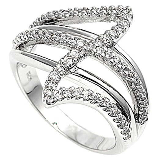 Clear CZ Wave Criss Cross Wide Ring New .925 Sterling Silver Band Sizes 5-9