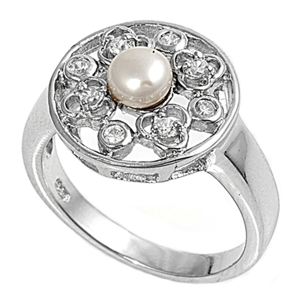 Clear CZ Freshwater Pearl Filigree Flower Ring Sterling Silver Band Sizes 5-9