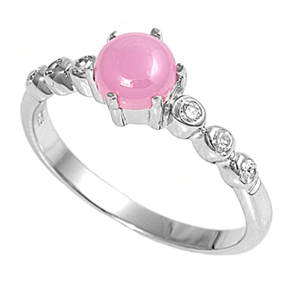 Pink Lab Opal Cabochon Solitaire Classic Ring Sterling Silver Band Sizes 5-9