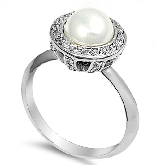 Clear CZ Freshwater Pearl Halo Ring New .925 Sterling Silver Band Sizes 5-9