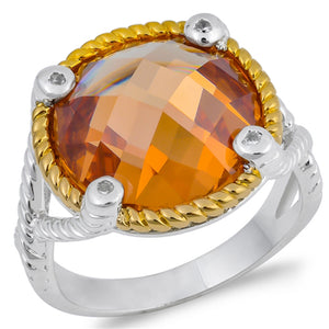 Champagne CZ Faceted Gold-Tone Halo Ring New 925 Sterling Silver Band Sizes 6-10