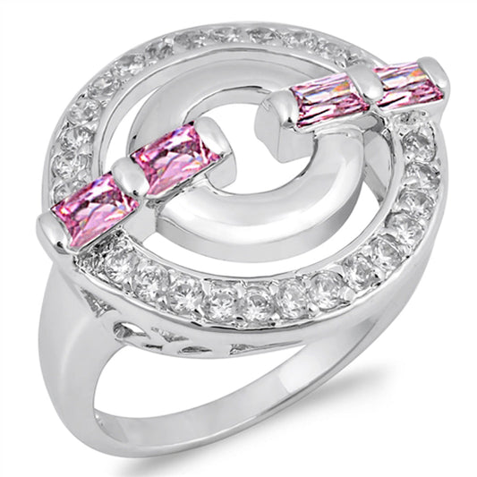 Rectangle Pink CZ Round Open Cute Ring New .925 Sterling Silver Band Sizes 5-9