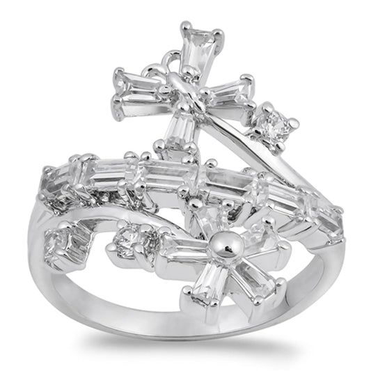 Clear CZ Criss Cross Flower Statement Ring .925 Sterling Silver Band Sizes 5-9