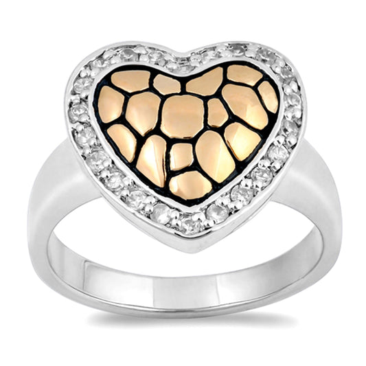 Clear CZ Gold-Tone Mosaic Heart Halo Ring .925 Sterling Silver Band Sizes 6-10