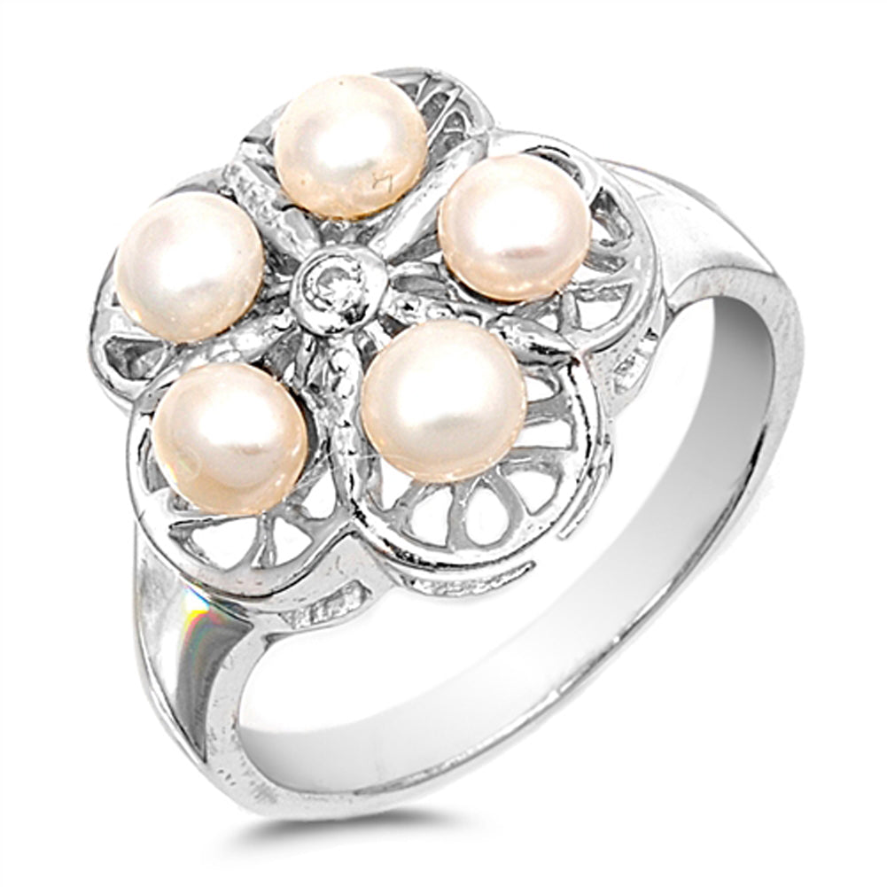 Clear CZ Freshwater Pearl Filigree Flower Ring Sterling Silver Band Sizes 4-9