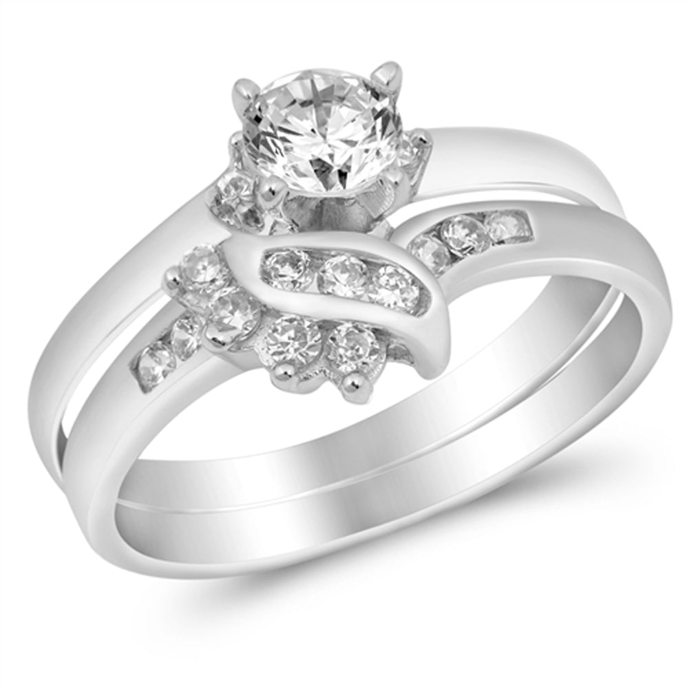 Round White CZ Bridal Engagement Ring Set .925 Sterling Silver Band Sizes 5-10