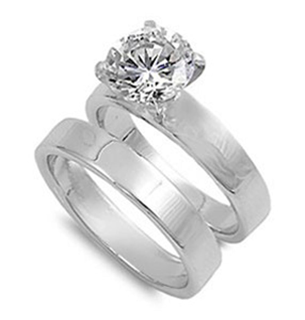 Sterling Silver CZ Solitaire Engagement Ring Wedding Band Bridal Set Sizes 5-13