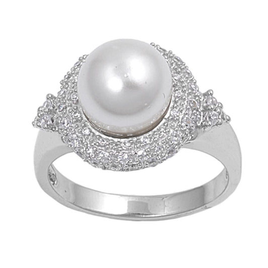 Clear CZ Freshwater Pearl Halo Cluster Ring .925 Sterling Silver Band Sizes 5-10