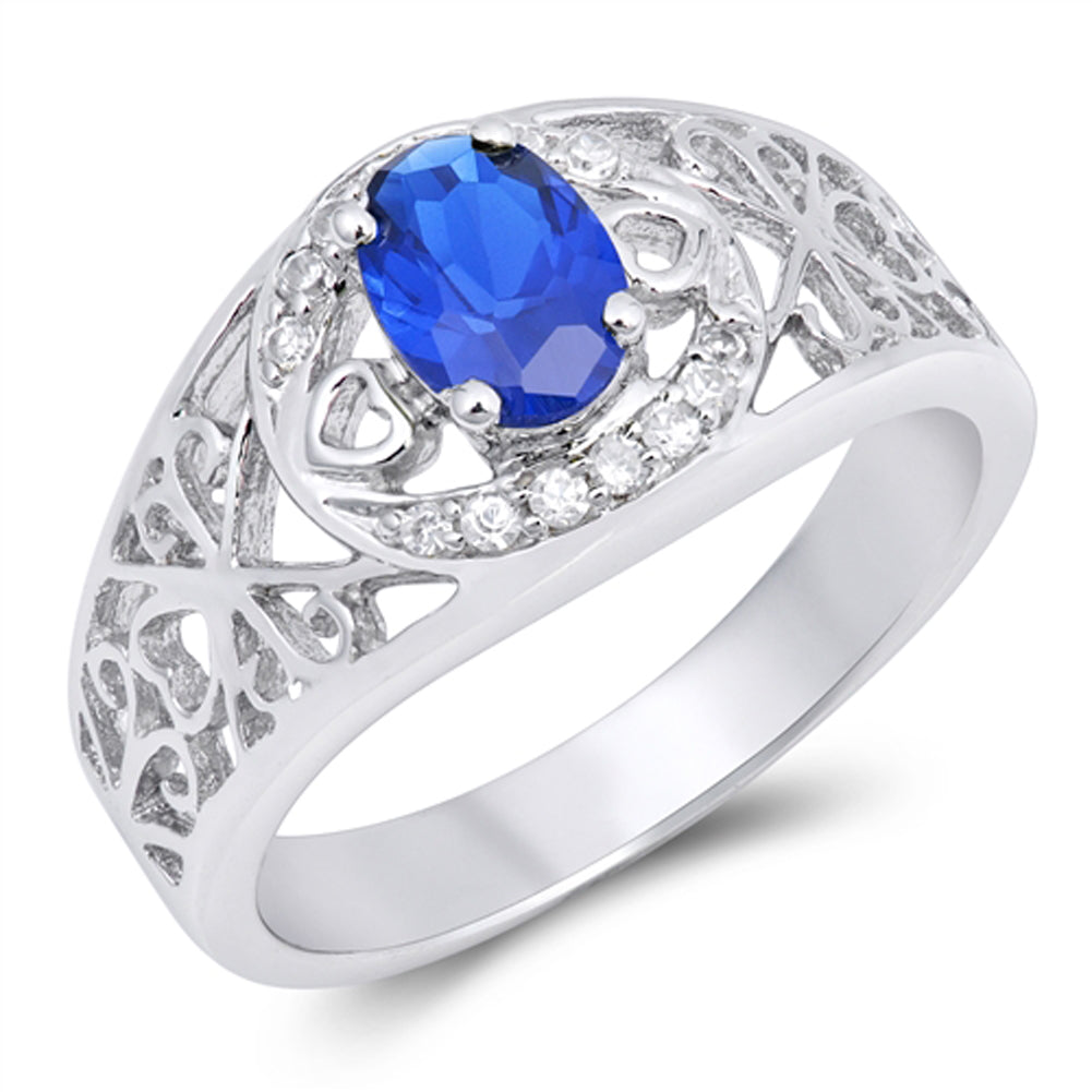 Oval Blue Sapphire CZ Filigree Heart Ring .925 Sterling Silver Band Sizes 4-10