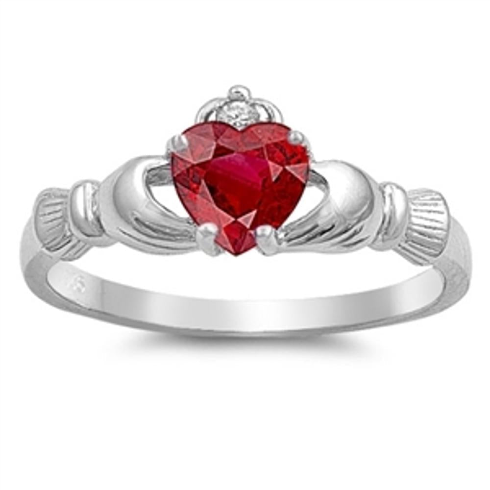 Ruby CZ Irish Celtic Claddagh Heart Sterling Silver Ring Sizes 4-13