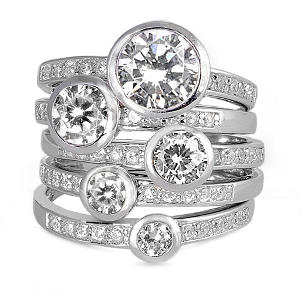 Stackable Bezel Round White CZ Wedding Ring Set .925 Sterling Silver Sizes 4-12