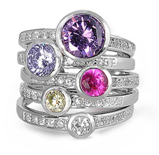 Sterling Silver Woman's Multicolor Stackable CZ Rings Pure 925 Band Sizes 5-10