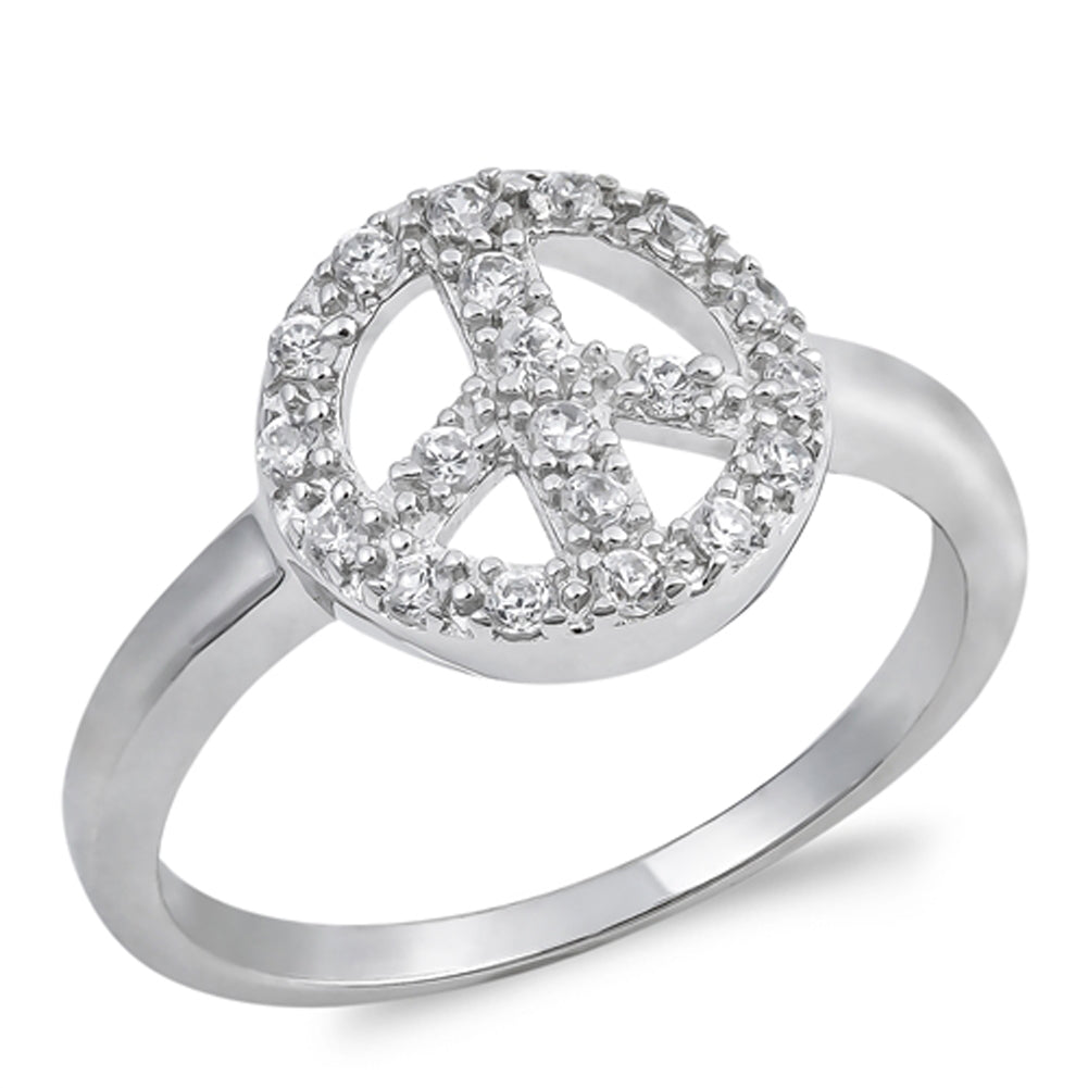 Clear CZ Peace Sign Love Pave Halo Ring New .925 Sterling Silver Band Sizes 5-9