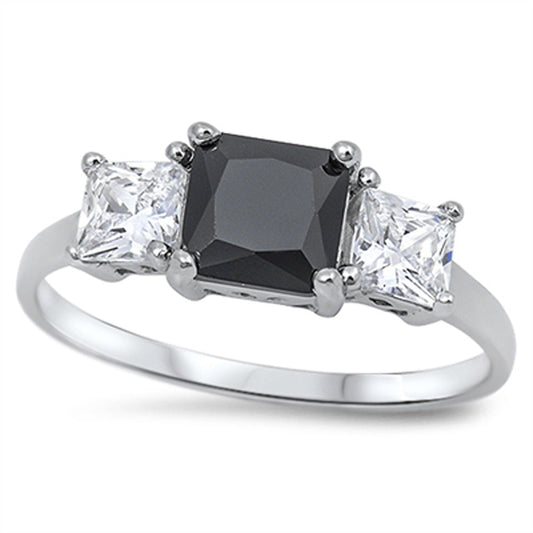 Black CZ Square Faceted Triple Bridal Ring .925 Sterling Silver Band Sizes 4-10