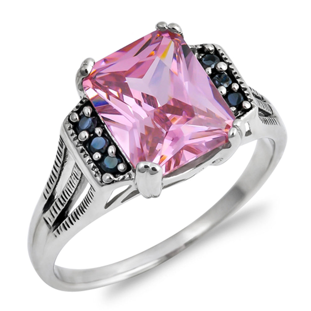 Rectangle Pink CZ Solitaire Colorful Ring .925 Sterling Silver Band Sizes 5-9