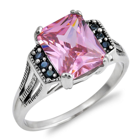 Rectangle Pink CZ Solitaire Colorful Ring .925 Sterling Silver Band Sizes 5-9