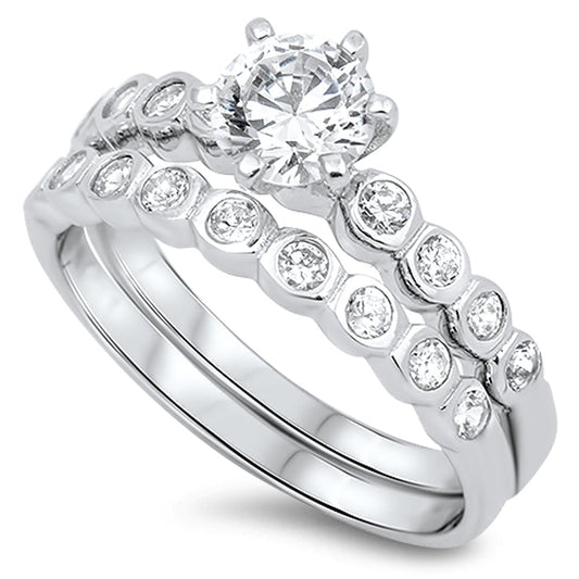 Clear CZ Polished Rounded Ring Set New .925 Sterling Silver Band Sizes 5-10