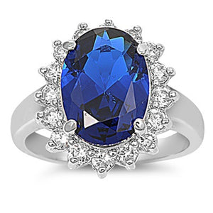 Blue Sapphire CZ Oval Flower Halo Ring New .925 Sterling Silver Band Sizes 5-10