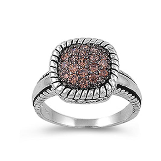 Champagne CZ Cluster Micro Pave Rope Halo Ring Sterling Silver Band Sizes 5-10