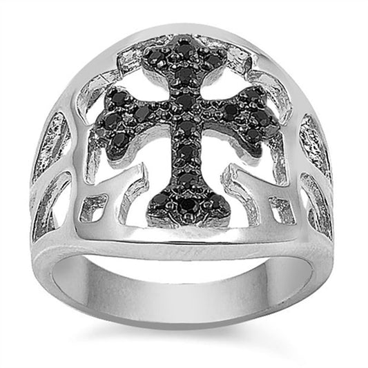 Black CZ Filigree Cross Wide Christian Ring .925 Sterling Silver Band Sizes 6-12