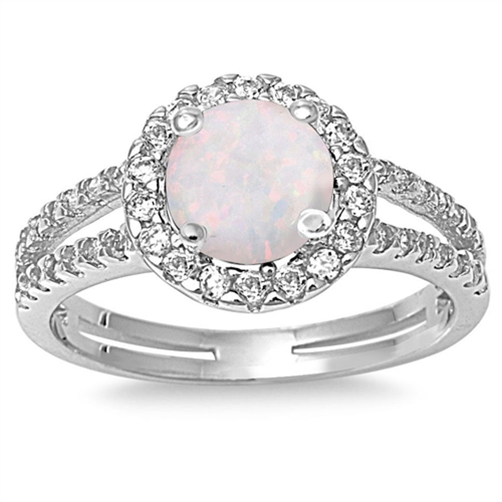 White Lab Opal Elegant Halo Polished Ring .925 Sterling Silver Band Sizes 4-10