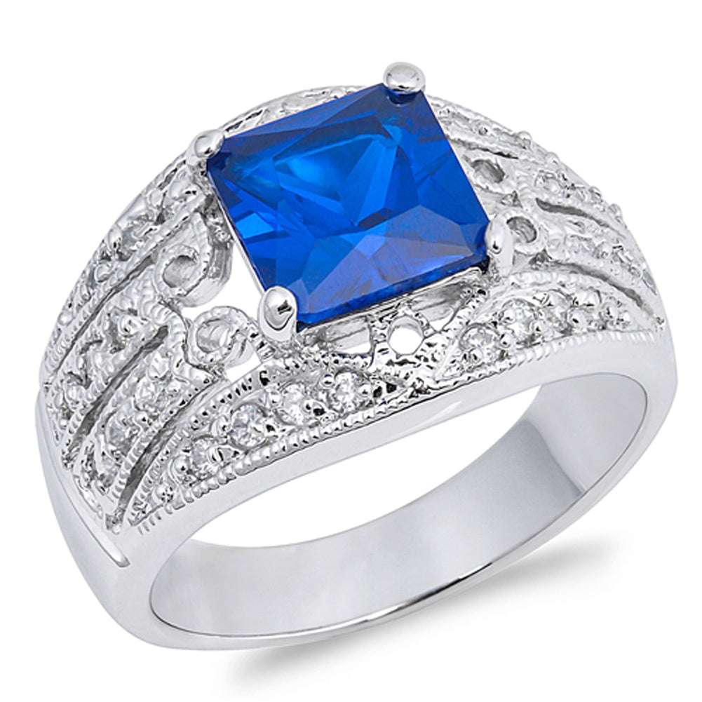 Blue Sapphire CZ Vintage Filigree Ring New .925 Sterling Silver Band Sizes 5-9