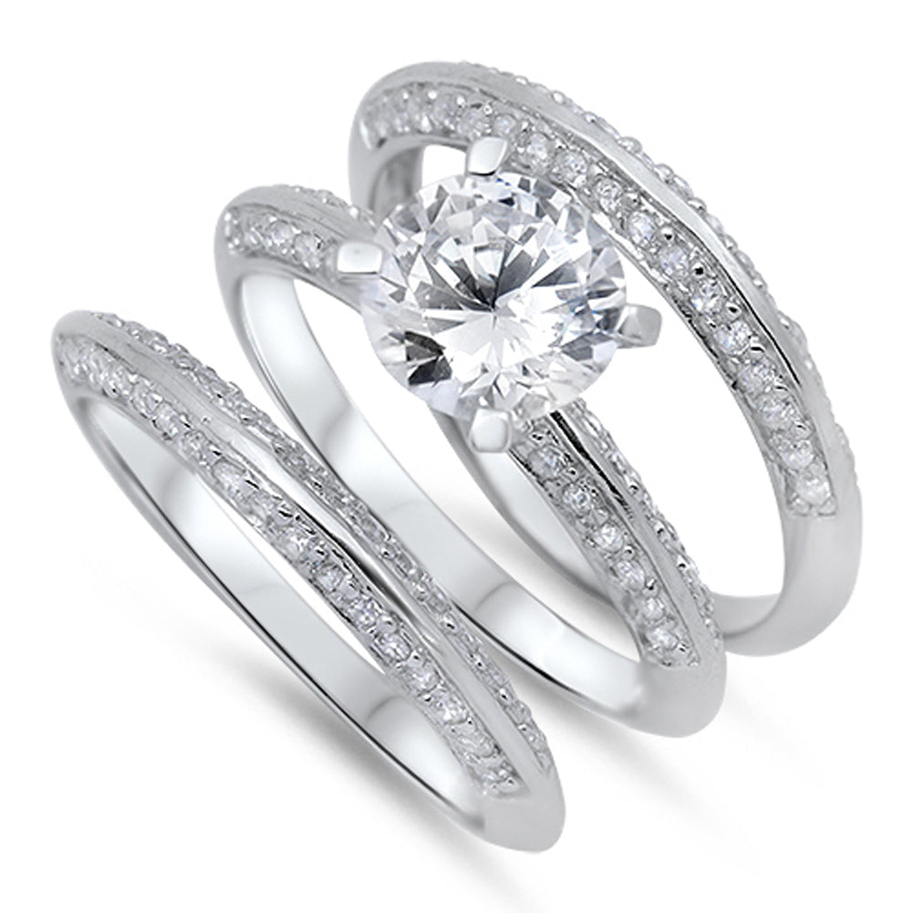 Clear CZ Solitaire Polished Ring Set New .925 Sterling Silver Band Sizes 5-9