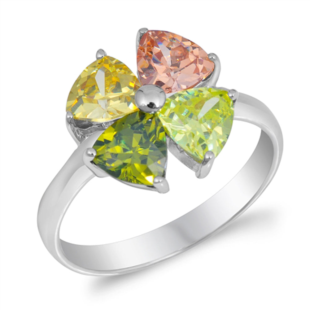 Multicolor CZ Trillion Green Clover Flower Ring Sterling Silver Band Sizes 5-9